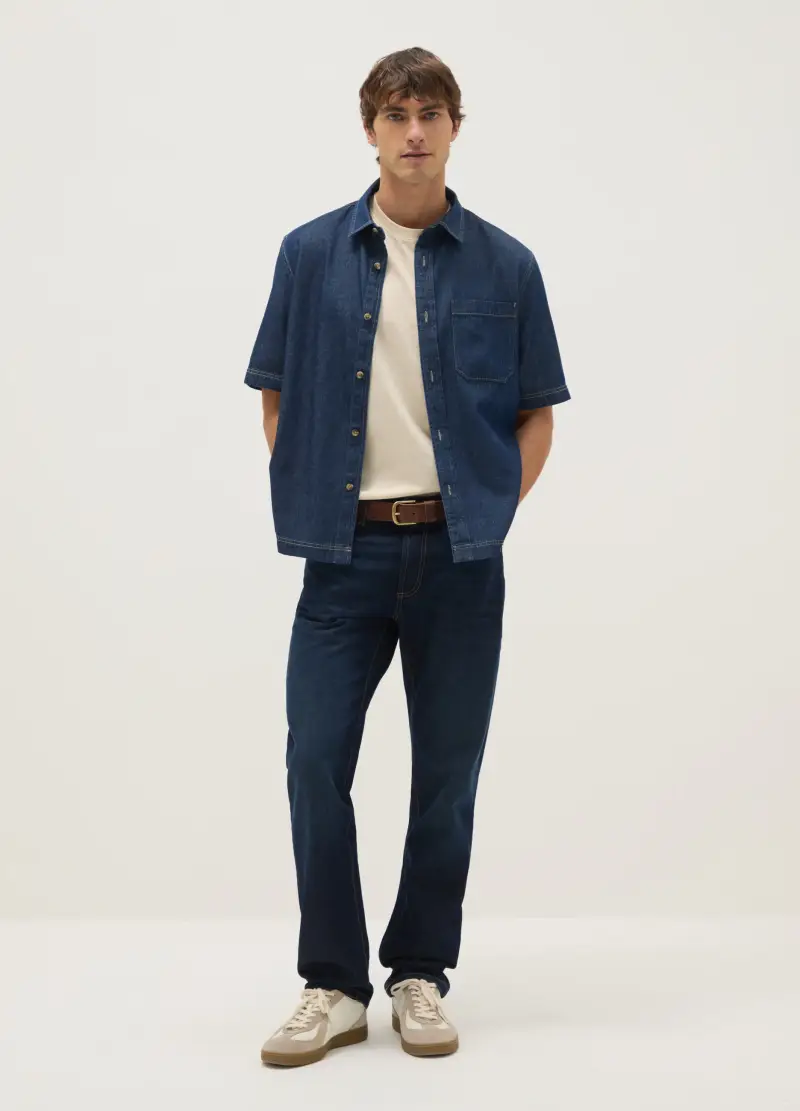 Camicia In Puro Cotone Denim Blu Regular Fit Con Tasca Sul Petto, Uomo, Blu