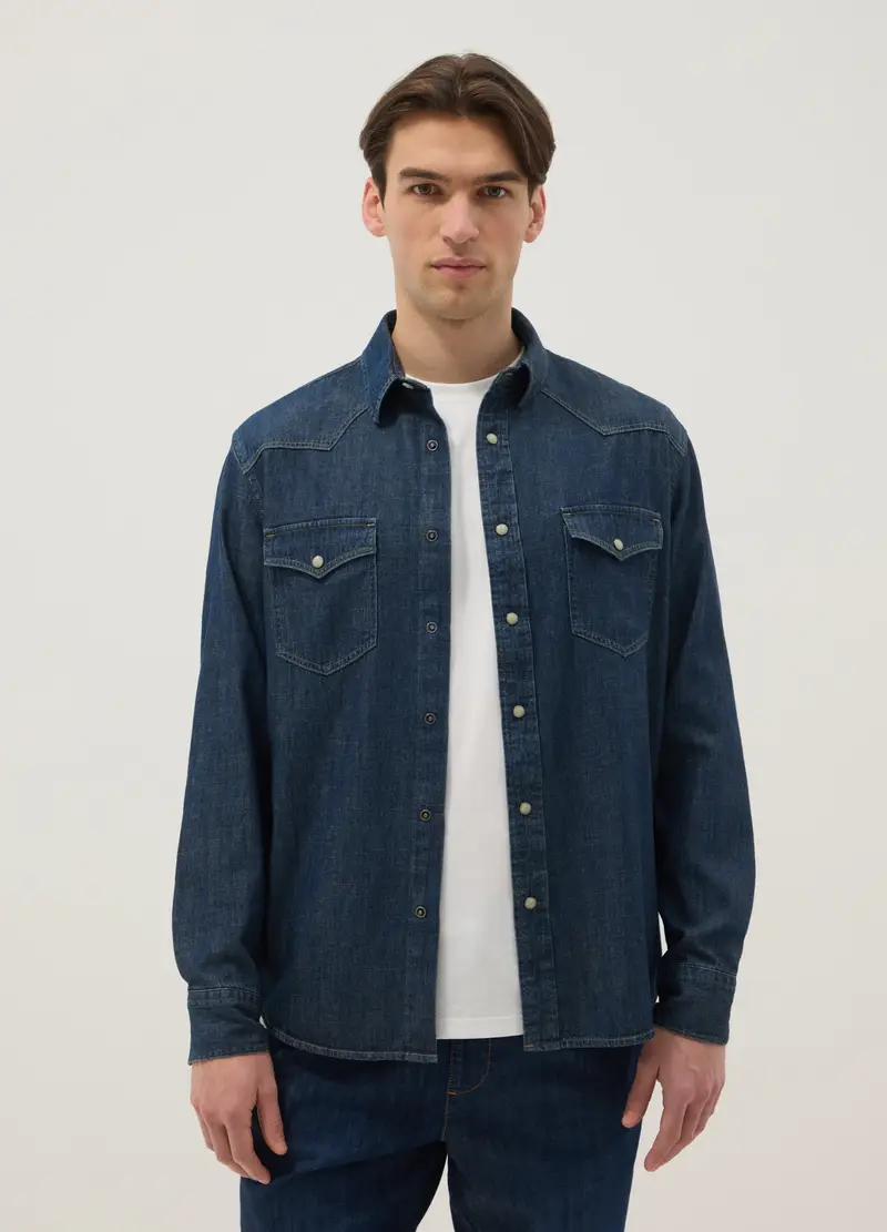 Camicia In Puro Cotone Denim Blu Regular Fit Con Tasche, Uomo, Denim miniatura 2