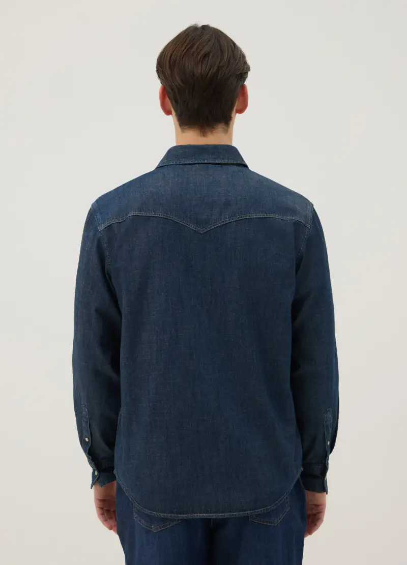 Camicia In Puro Cotone Denim Blu Regular Fit Con Tasche, Uomo, Denim miniatura 3