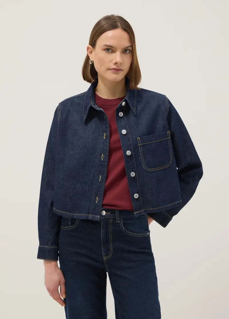 Camicia In Puro Cotone Denim Regular Fit Con Bottoni E Taschino, Donna, Denim