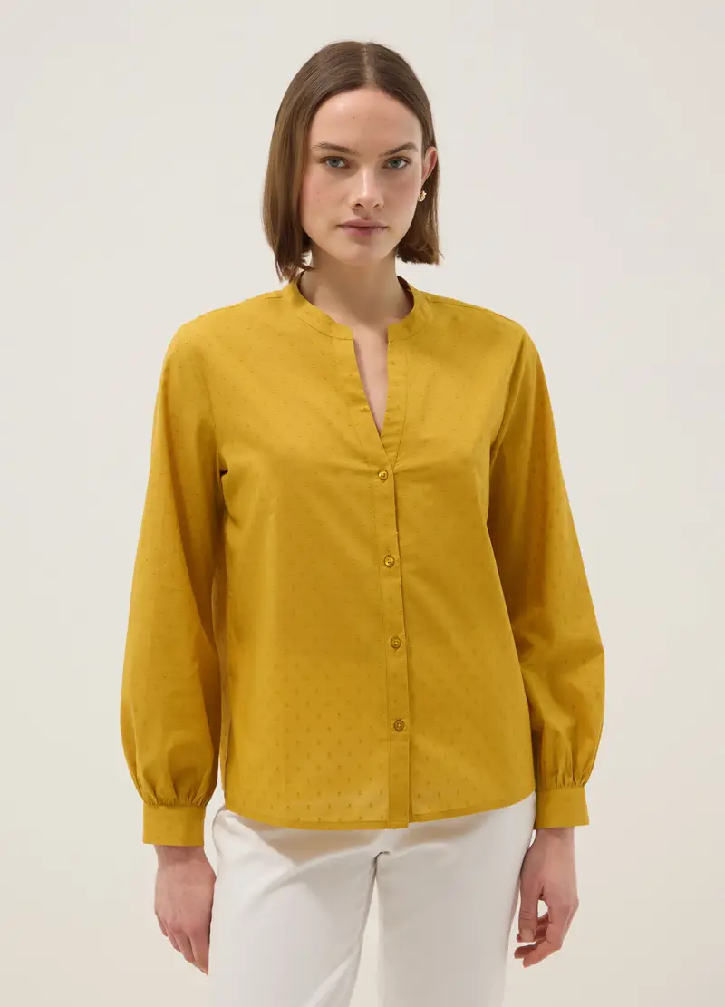Camicia In Puro Cotone Gialla Regular Fit Deep V Con Pois, Donna, Giallo miniatura 2