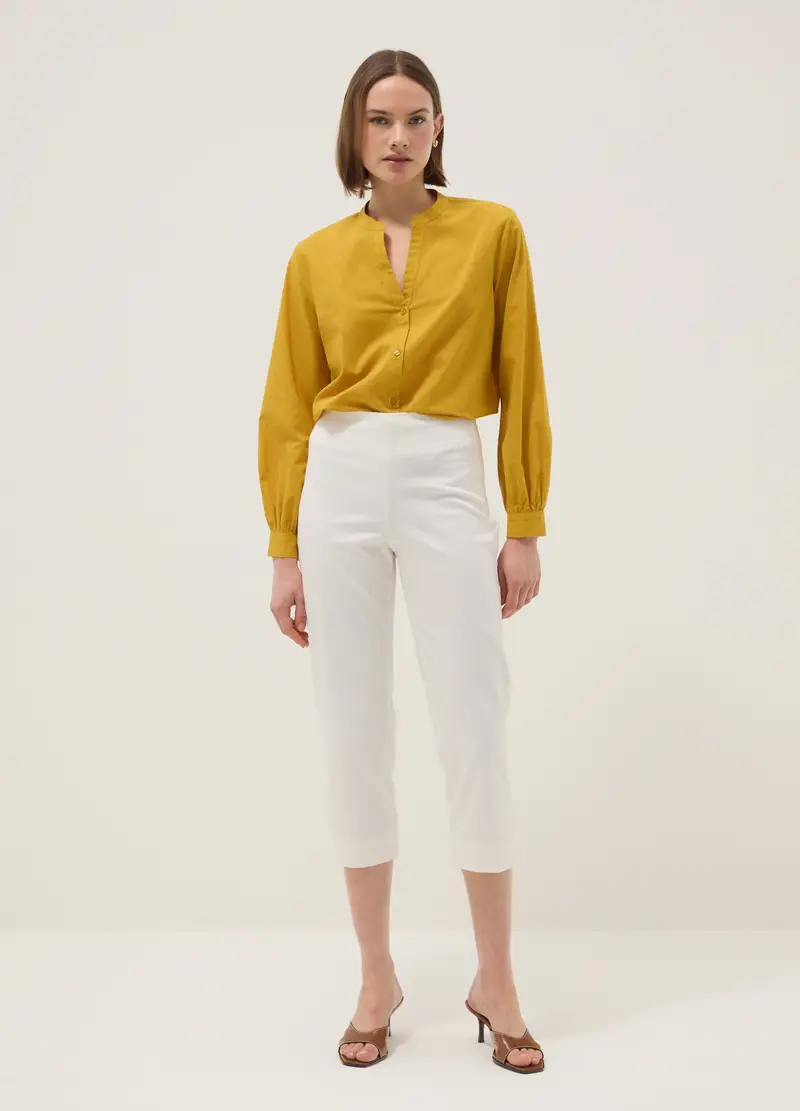 Camicia In Puro Cotone Gialla Regular Fit Deep V Con Pois, Donna, Giallo