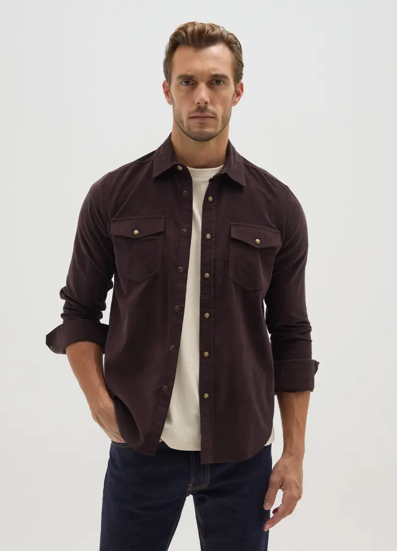 Camicia In Puro Cotone Marrone Regular Fit In Velluto A Coste, Uomo, Marrone miniatura 2