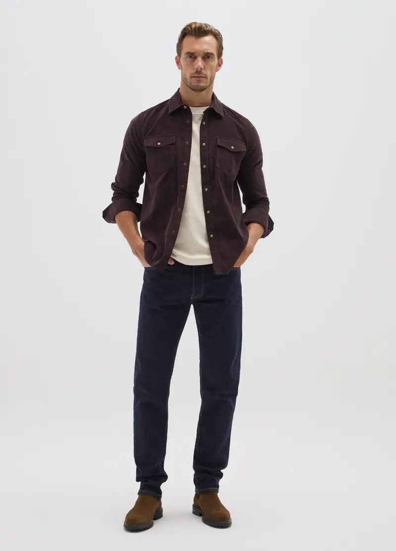 Camicia In Puro Cotone Marrone Regular Fit In Velluto A Coste, Uomo, Marrone