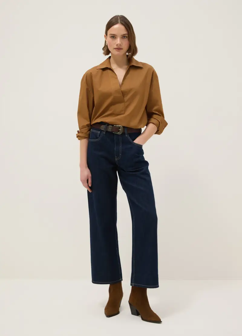 Camicia In Puro Cotone Marrone Regular Fit Senza Bottoni, Donna, Marrone miniatura 2