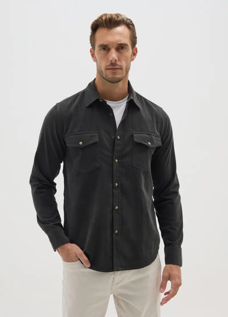 Camicia In Puro Cotone Nera Regular Fit In Velluto A Coste, Uomo, Nero miniatura 2