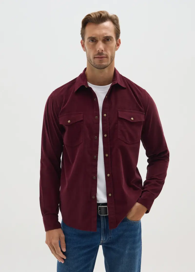 Camicia In Puro Cotone Rossa Regular Fit In Velluto A Coste, Uomo, Rosso miniatura 2