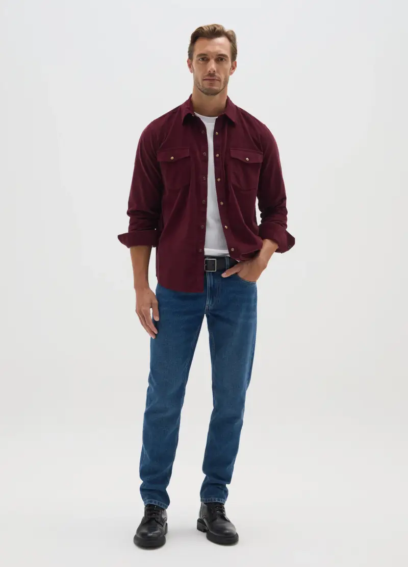 Camicia In Puro Cotone Rossa Regular Fit In Velluto A Coste, Uomo, Rosso