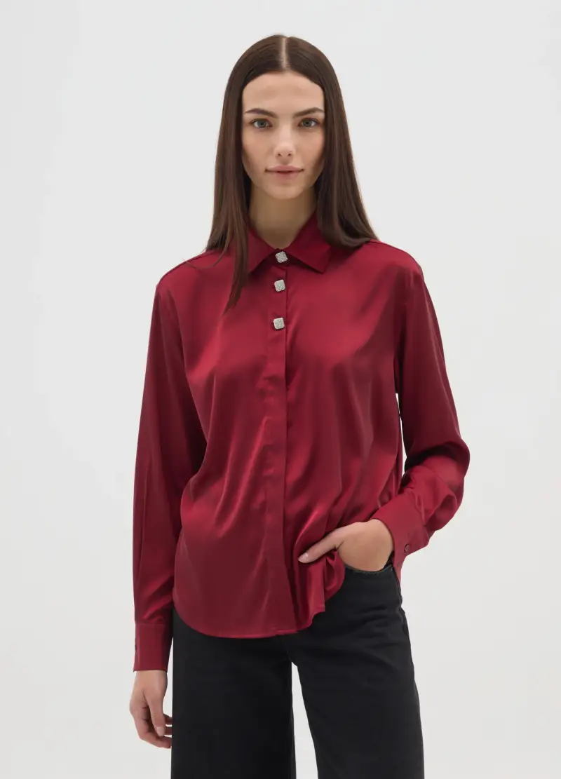Camicia In Satin Rossa Regular Fit Con Bottoni, Donna, Rosso miniatura 2