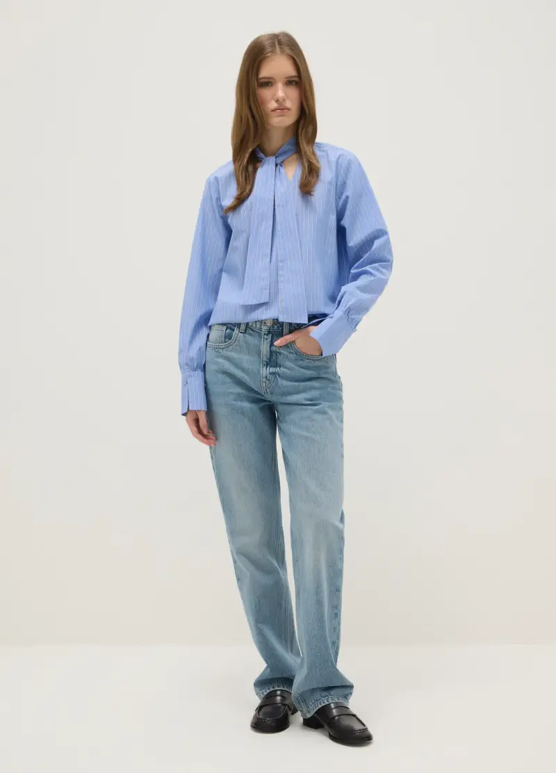 Camicia Multicolor A Righe In Puro Cotone Regular Fit Con Collo A Nastro, Donna, Multicolor