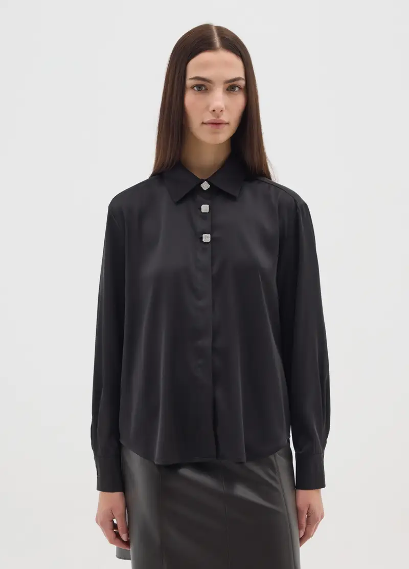 Camicia Nera In Raso Con Maniche Lunghe Regular Fit, Donna, Nero