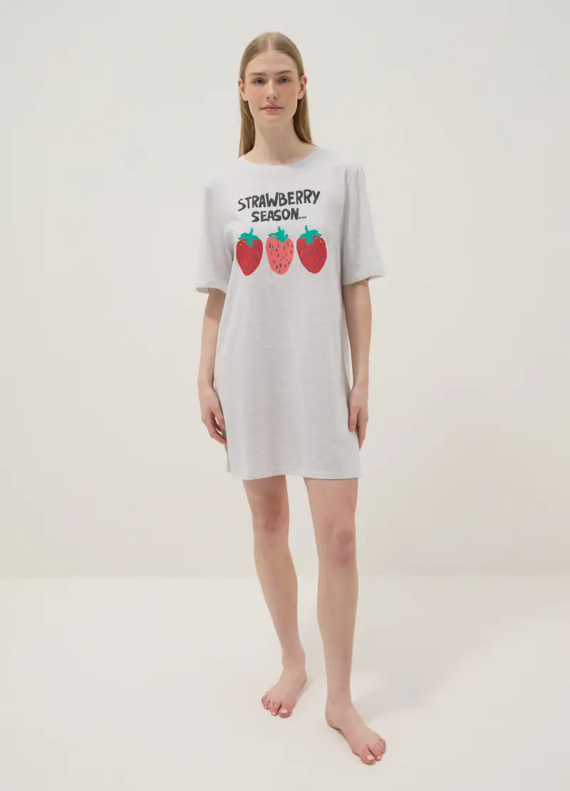 Camicia Notte In Cotone Elasticizzato Grigia Regular Fit Con Fragole, Donna, Grigio miniatura 2