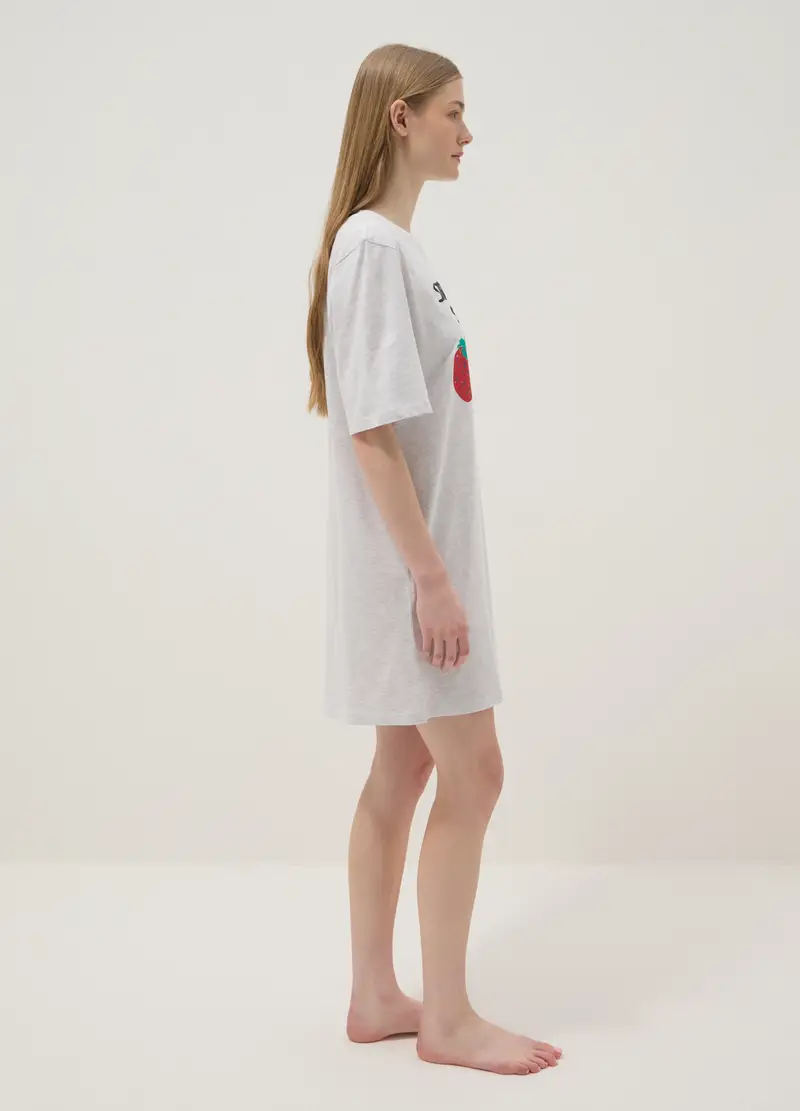 Camicia Notte In Cotone Elasticizzato Grigia Regular Fit Con Fragole, Donna, Grigio miniatura 3