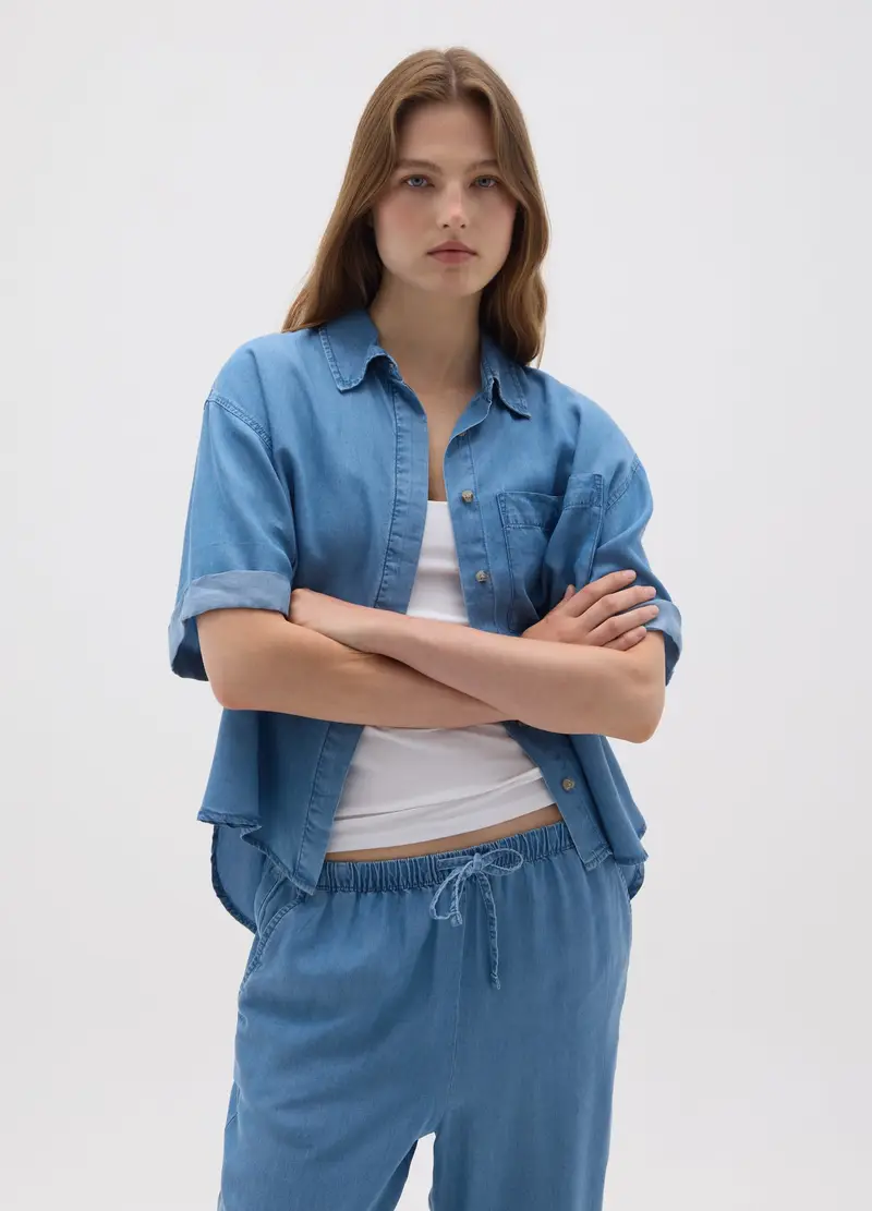 OVS , Camicia Oversize A Maniche Corte, Donna, Denim, Taglia: XS