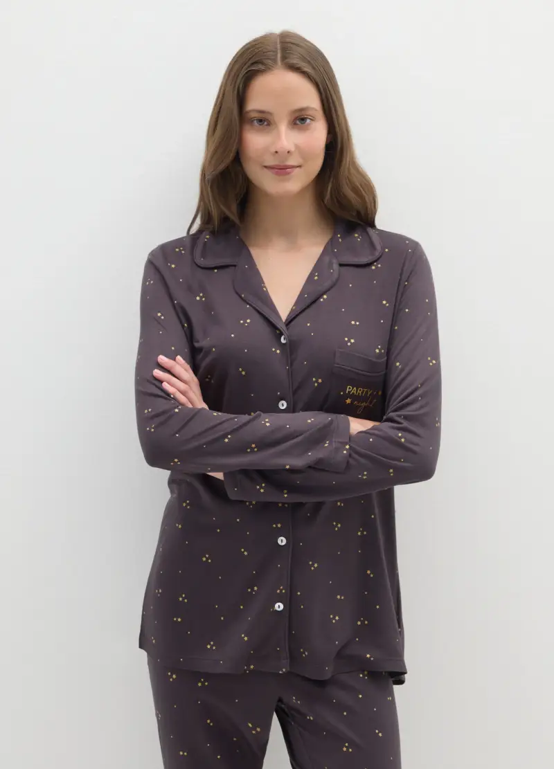 Camicia Pigiama Marrone Regular Fit Con Stampa, Donna, Marrone