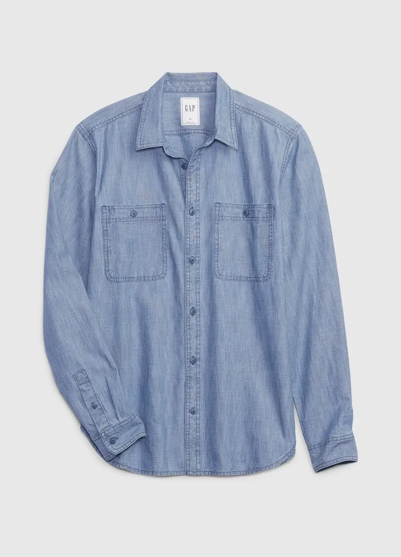 , Camicia Regular Fit In Cotone Chambray, Uomo, Blu miniatura 3