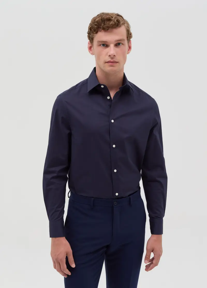 Camicia Regular Fit In Cotone Stretch, Uomo, Blu