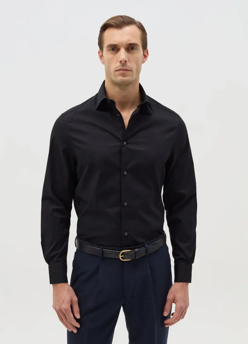 Camicia Regular Fit In Cotone Stretch, Uomo, Nero