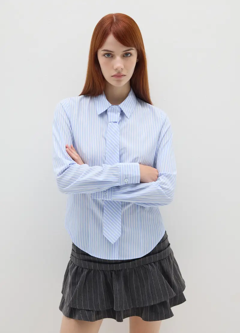 Camicia Slim Fit A Righe Bianche E Azzurre In Puro Cotone, Donna, Multicolor miniatura 3