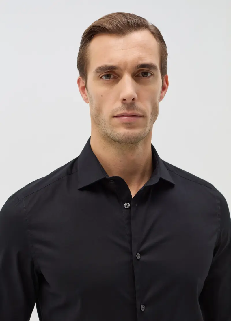Camicia Slim Fit In Cotone Stretch, Uomo, Nero miniatura 2