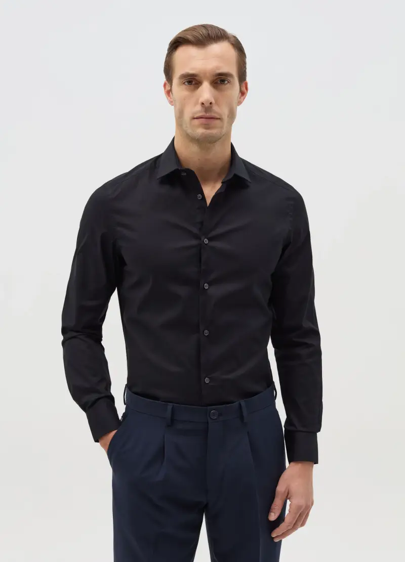 Camicia Slim Fit In Cotone Stretch, Uomo, Nero
