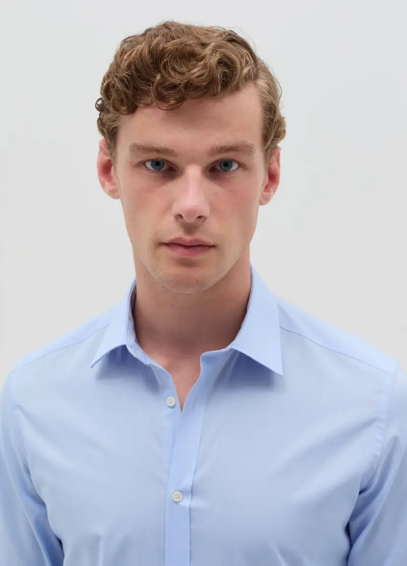 Camicia Slim Fit Tinta Unita, Uomo, Blu miniatura 2