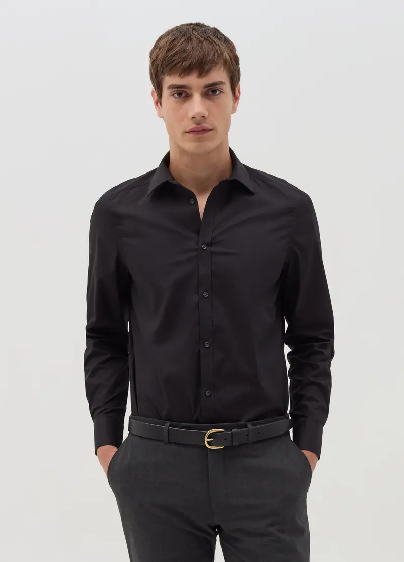 Camicia Slim Fit Tinta Unita, Uomo, Nero