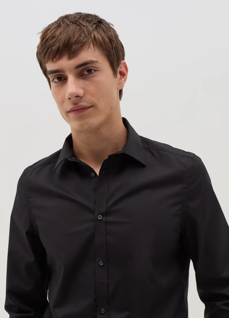 Camicia Slim Fit Tinta Unita, Uomo, Nero miniatura 3