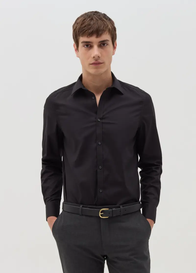 Camicia Slim Fit Tinta Unita, Uomo, Nero