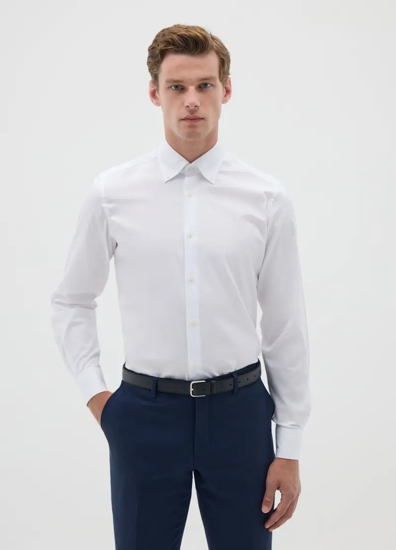 Camicia Slim In Cotone Button-down, Uomo, Bianco