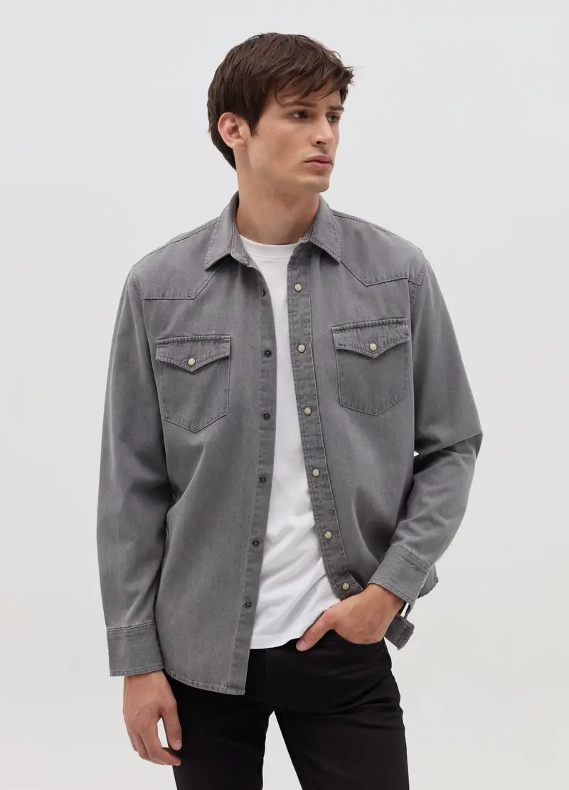 Camicia Texana In Denim, Uomo, Grigio miniatura 2