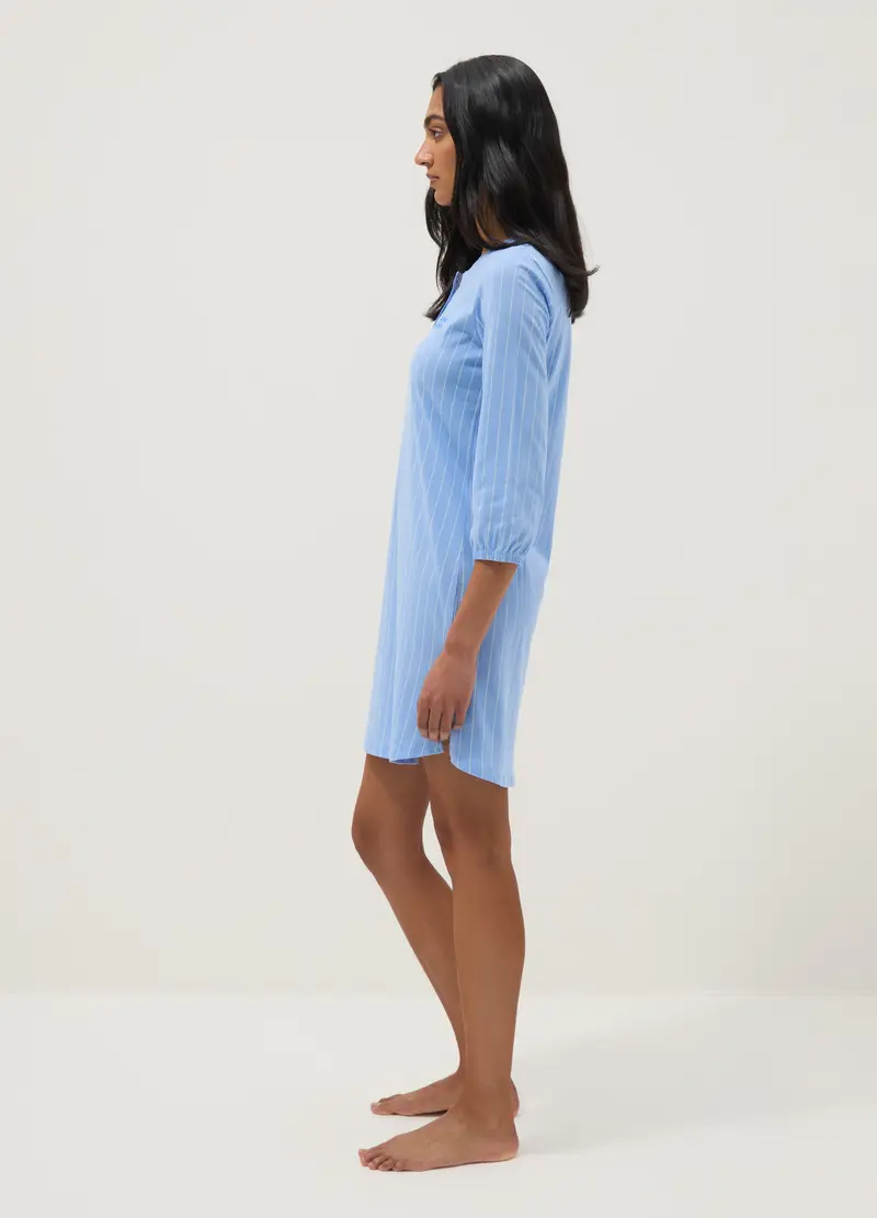 Camicione In Puro Cotone Azzurro A Righe Regular Fit Con Collo Serafino, Donna, Azzurro miniatura 2