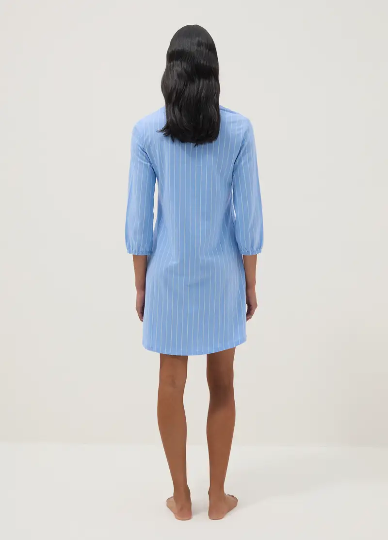 Camicione In Puro Cotone Azzurro A Righe Regular Fit Con Collo Serafino, Donna, Azzurro miniatura 3