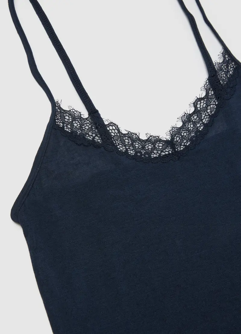 Canotta Blu Regular Fit Con Scollo A V Decorato Con Pizzo, Donna, Blu miniatura 2