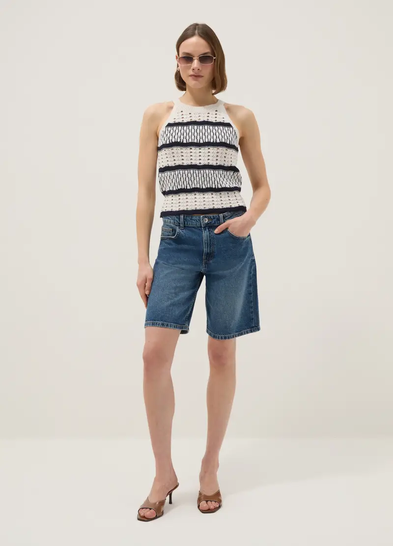 Canotta Fitted In Puro Cotone A Righe Multicolor Con Texture A Rete, Donna, Multicolor miniatura 2