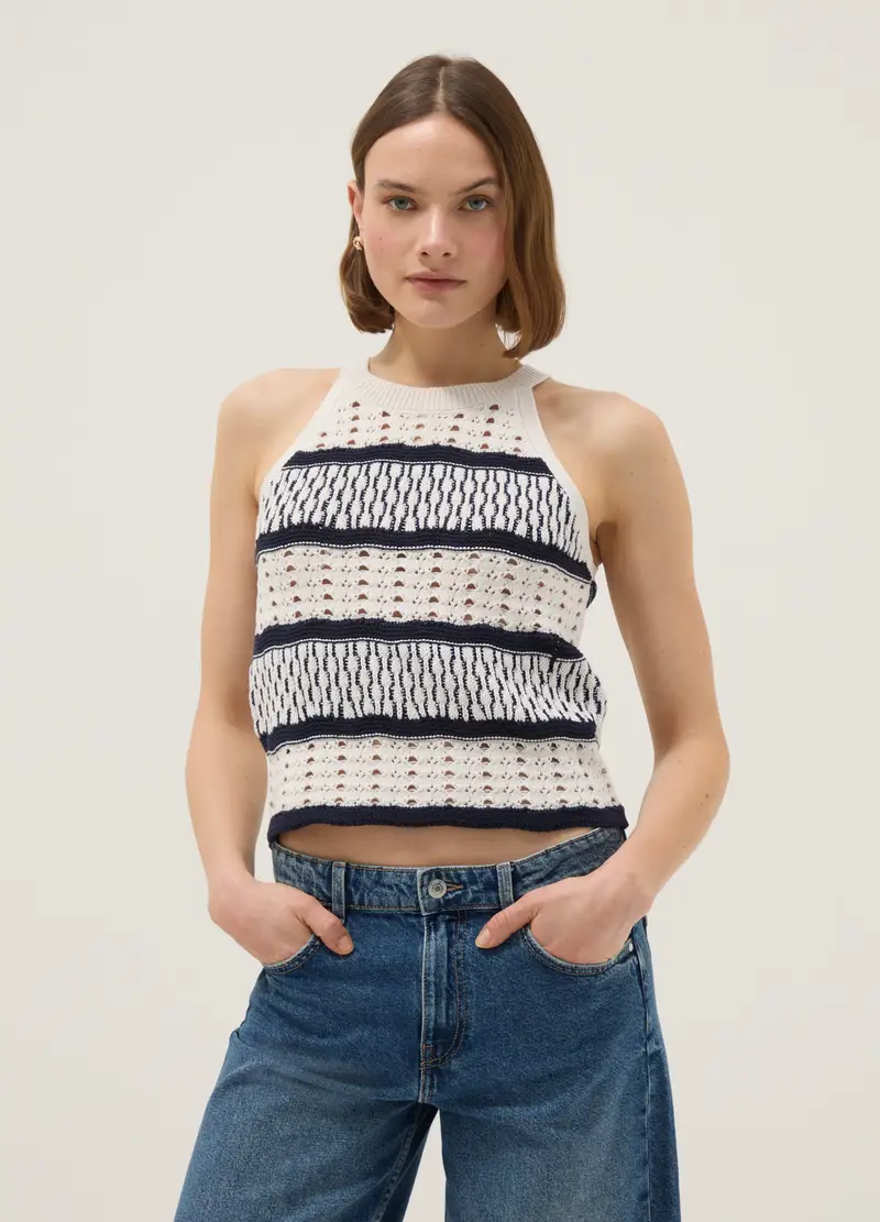 Canotta Fitted In Puro Cotone A Righe Multicolor Con Texture A Rete, Donna, Multicolor miniatura 3