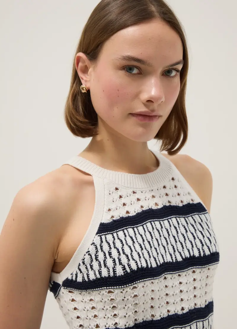 Canotta Fitted In Puro Cotone A Righe Multicolor Con Texture A Rete, Donna, Multicolor