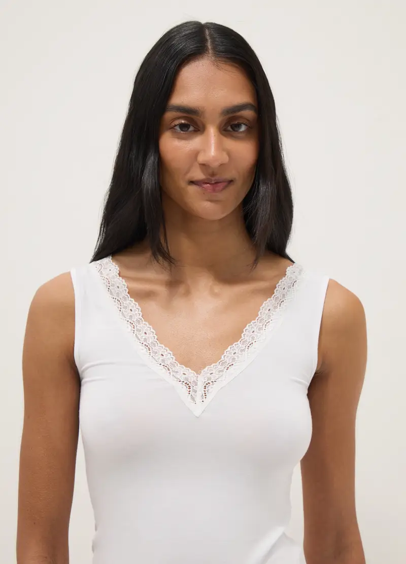 Canotta In Viscosa Elasticizzata Bianca Regular Fit Deep V Con Pizzo, Donna, Bianco miniatura 2