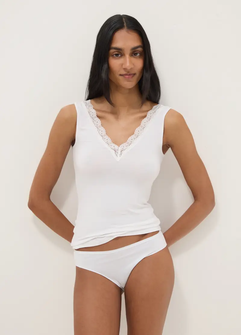 Canotta In Viscosa Elasticizzata Bianca Regular Fit Deep V Con Pizzo, Donna, Bianco