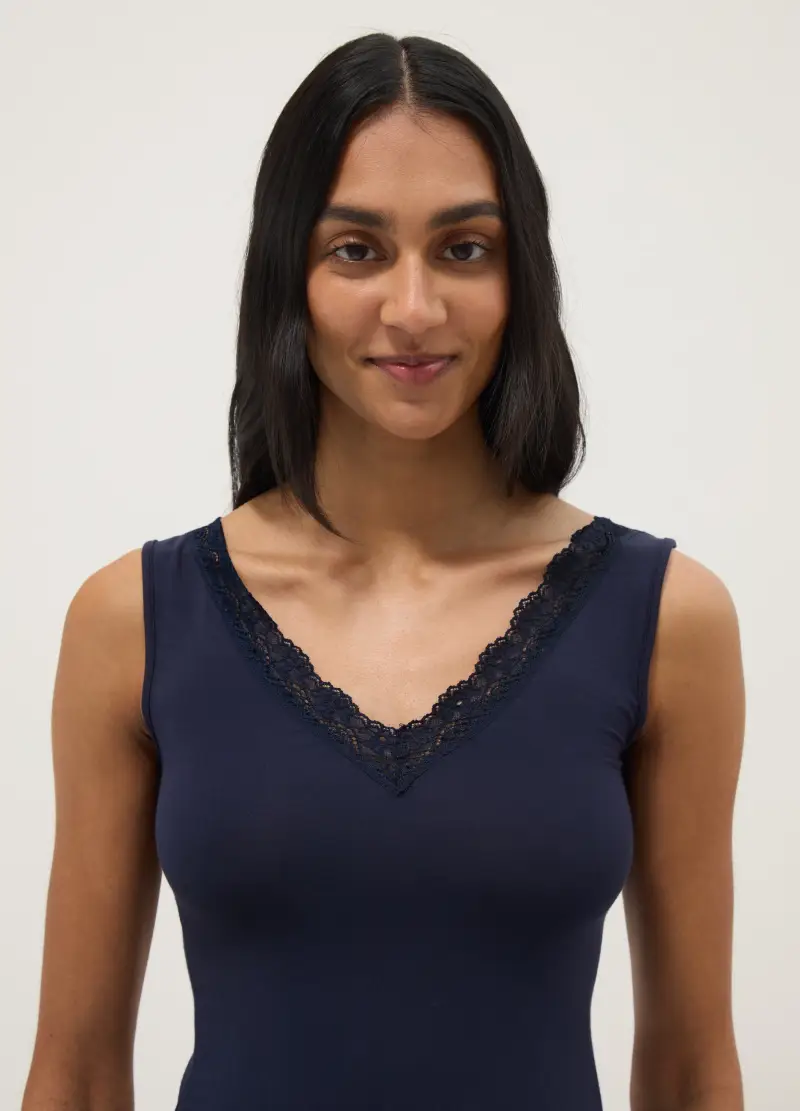 Canotta In Viscosa Elasticizzata Blu Regular Fit Deep V Con Pizzo, Donna, Blu miniatura 2