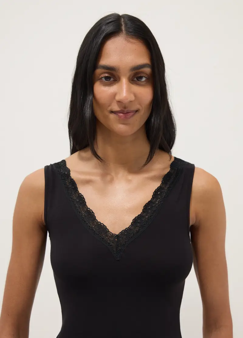 Canotta In Viscosa Elasticizzata Nera Regular Fit Deep V Con Pizzo, Donna, Nero miniatura 2