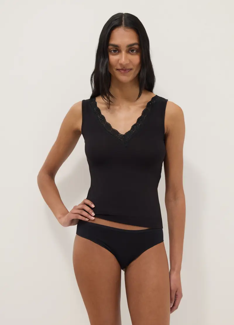 Canotta In Viscosa Elasticizzata Nera Regular Fit Deep V Con Pizzo, Donna, Nero