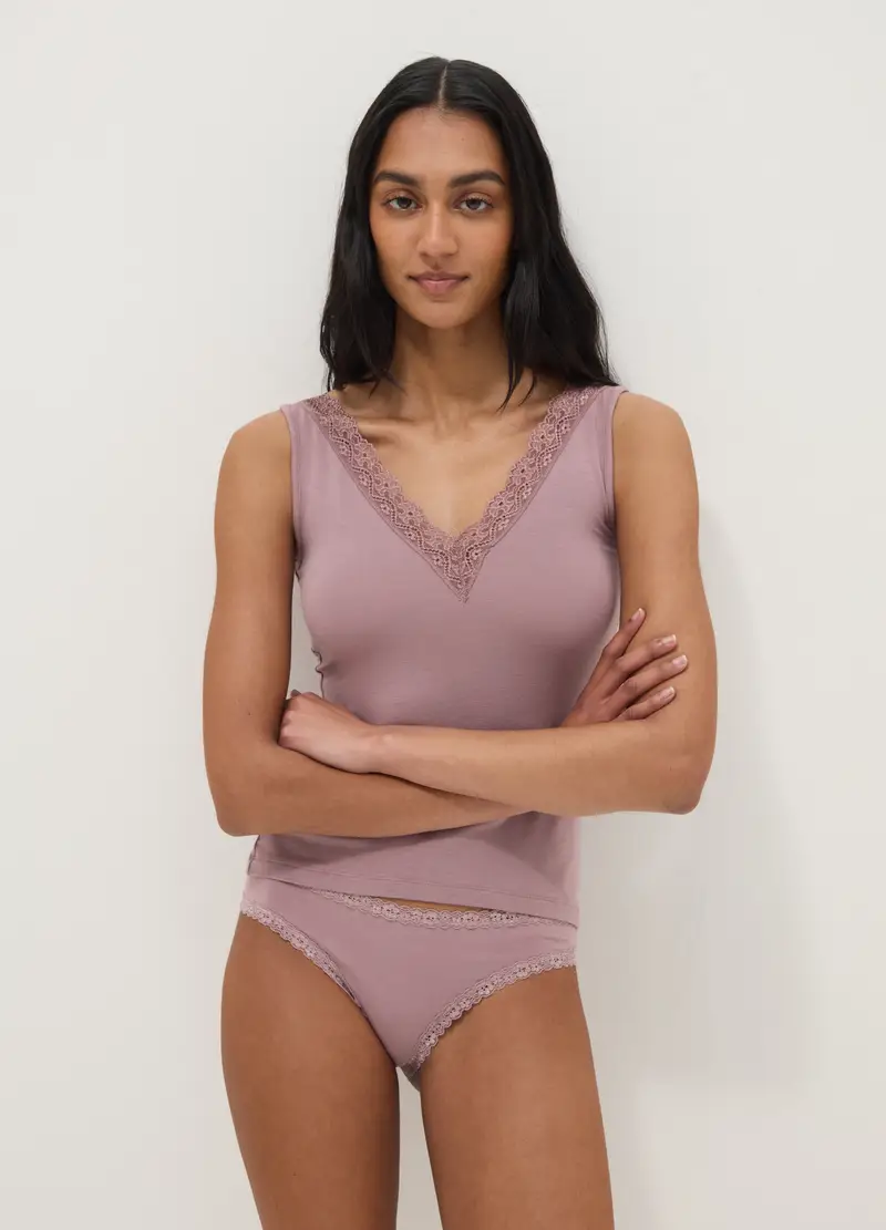 Canotta In Viscosa Elasticizzata Rosa Regular Fit Deep V Con Pizzo, Donna, Rosa