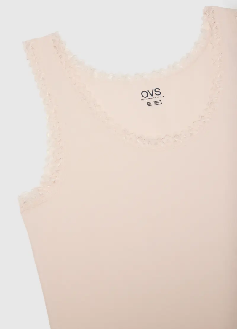 Canottiera In Cotone Elasticizzato Beige Regular Fit Con Bordo In Pizzo, Donna, Beige miniatura 2