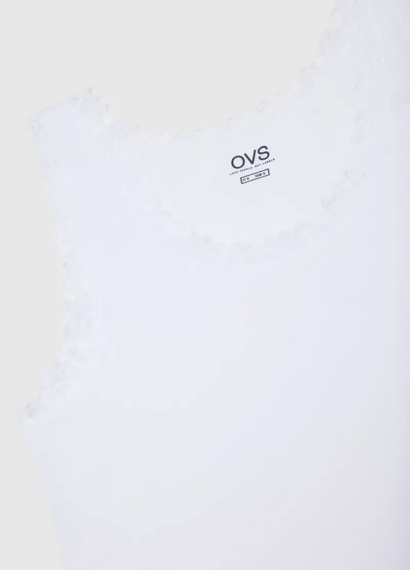 Canottiera In Cotone Elasticizzato Bianco Regular Fit Con Bordo In Pizzo, Donna, Bianco miniatura 2