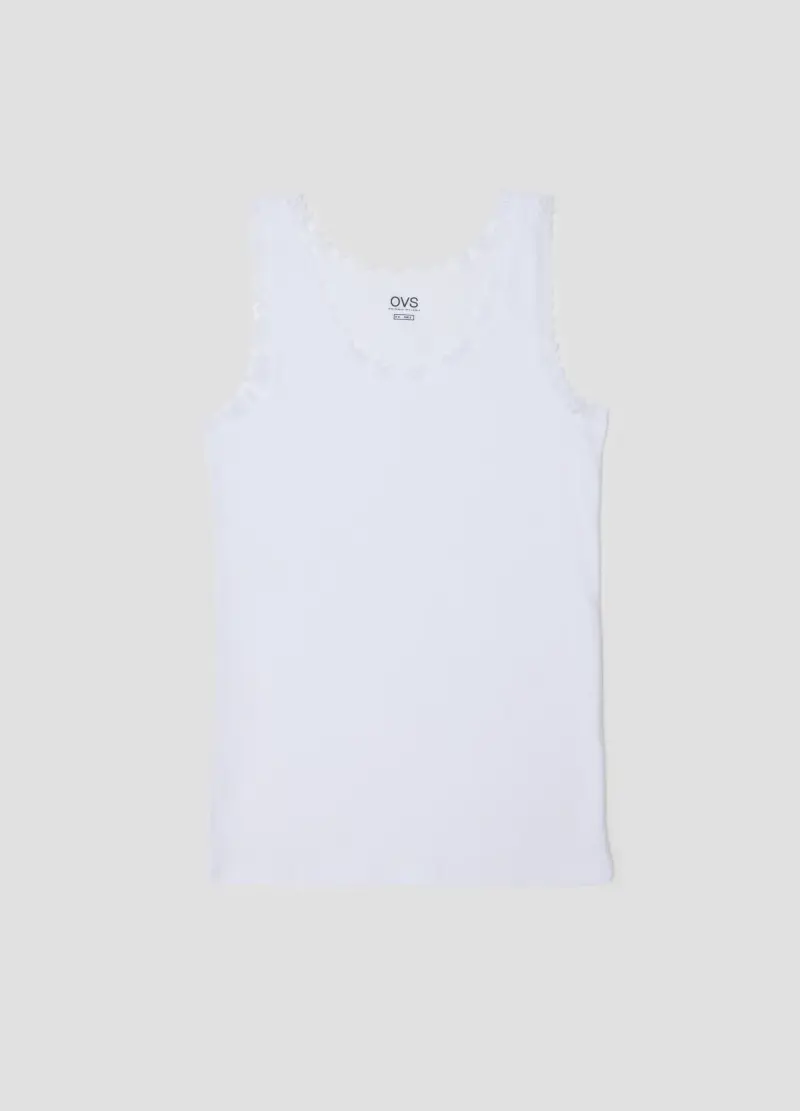 Canottiera In Cotone Elasticizzato Bianco Regular Fit Con Bordo In Pizzo, Donna, Bianco