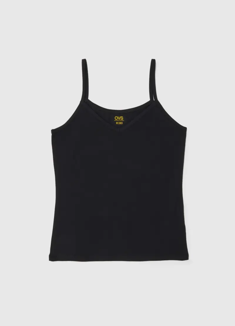 Canottiera In Cotone Elasticizzato Nera Regular Fit Deep V, Donna, Nero