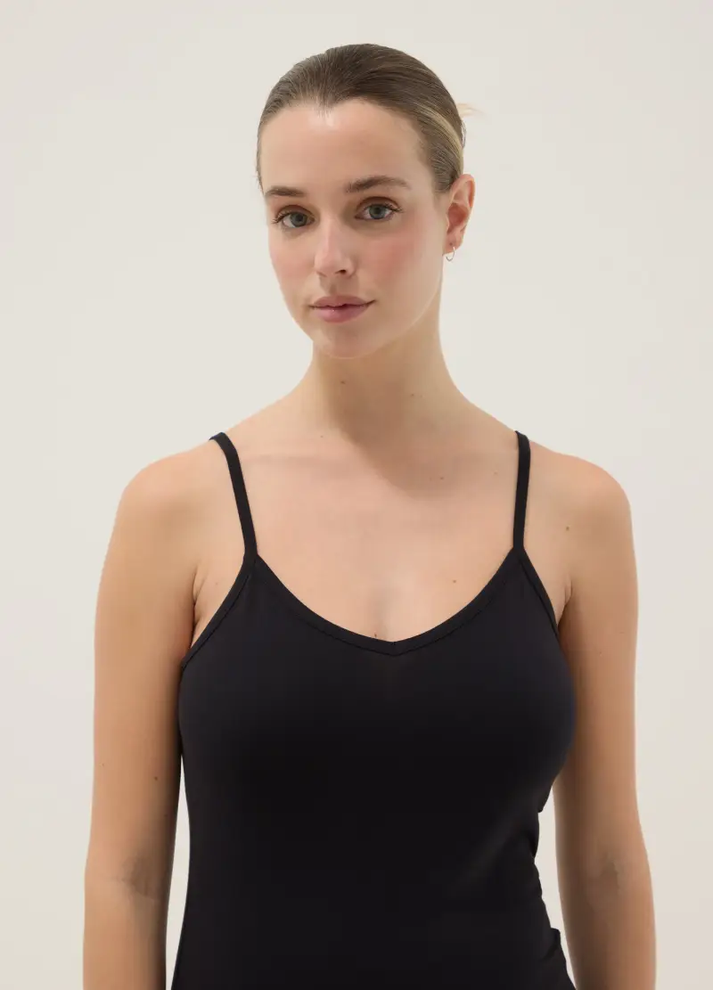 Canottiera In Cotone Elasticizzato Nera Regular Fit Deep V, Donna, Nero