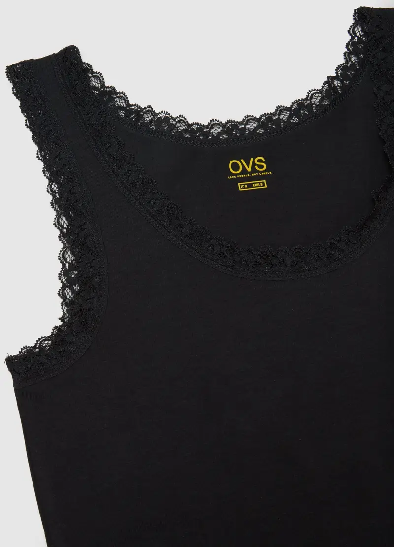 Canottiera In Cotone Elasticizzato Nero Regular Fit Con Bordo In Pizzo, Donna, Nero miniatura 2