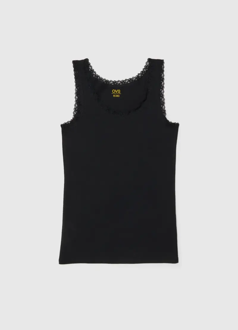 Canottiera In Cotone Elasticizzato Nero Regular Fit Con Bordo In Pizzo, Donna, Nero